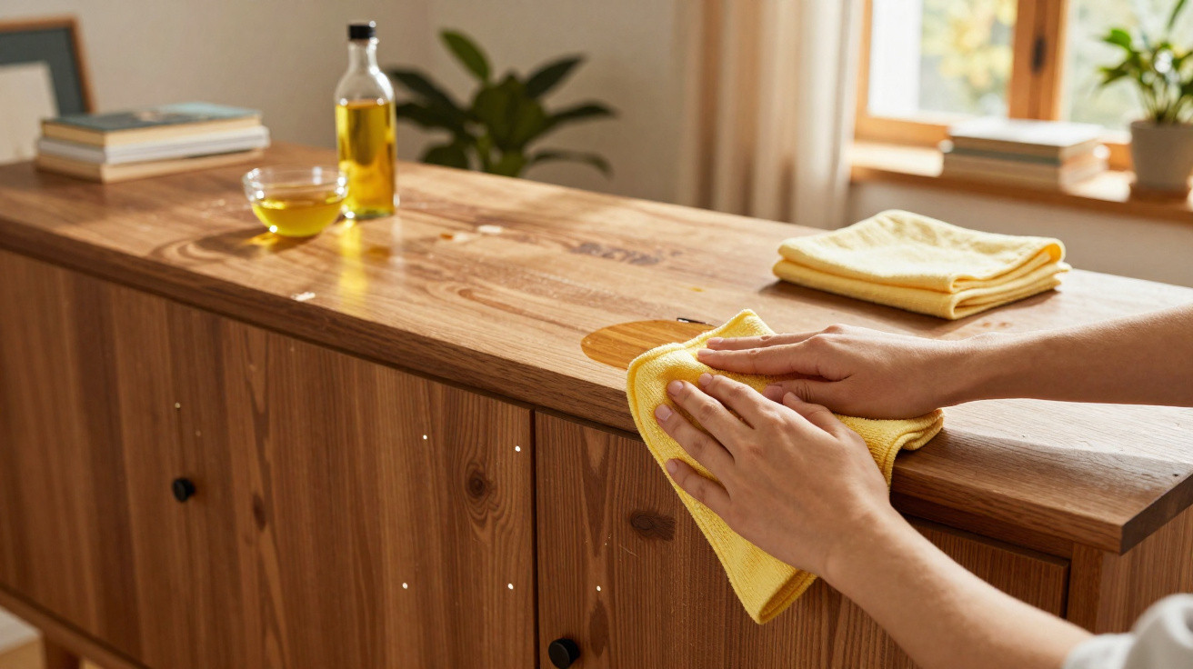 Hände reinigen mit gelbem Tuch eine Holzoberfläche, daneben eine Flasche und ein Glas mit Flüssigkeit.
