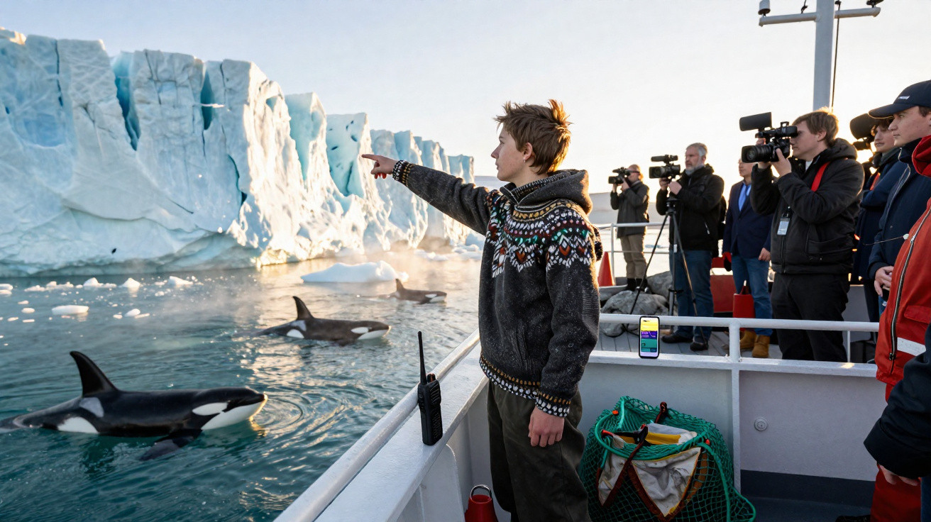 Person auf Schiff zeigt auf Orcas vor einer Gletscherwand, Fotografen halten Moment fest.