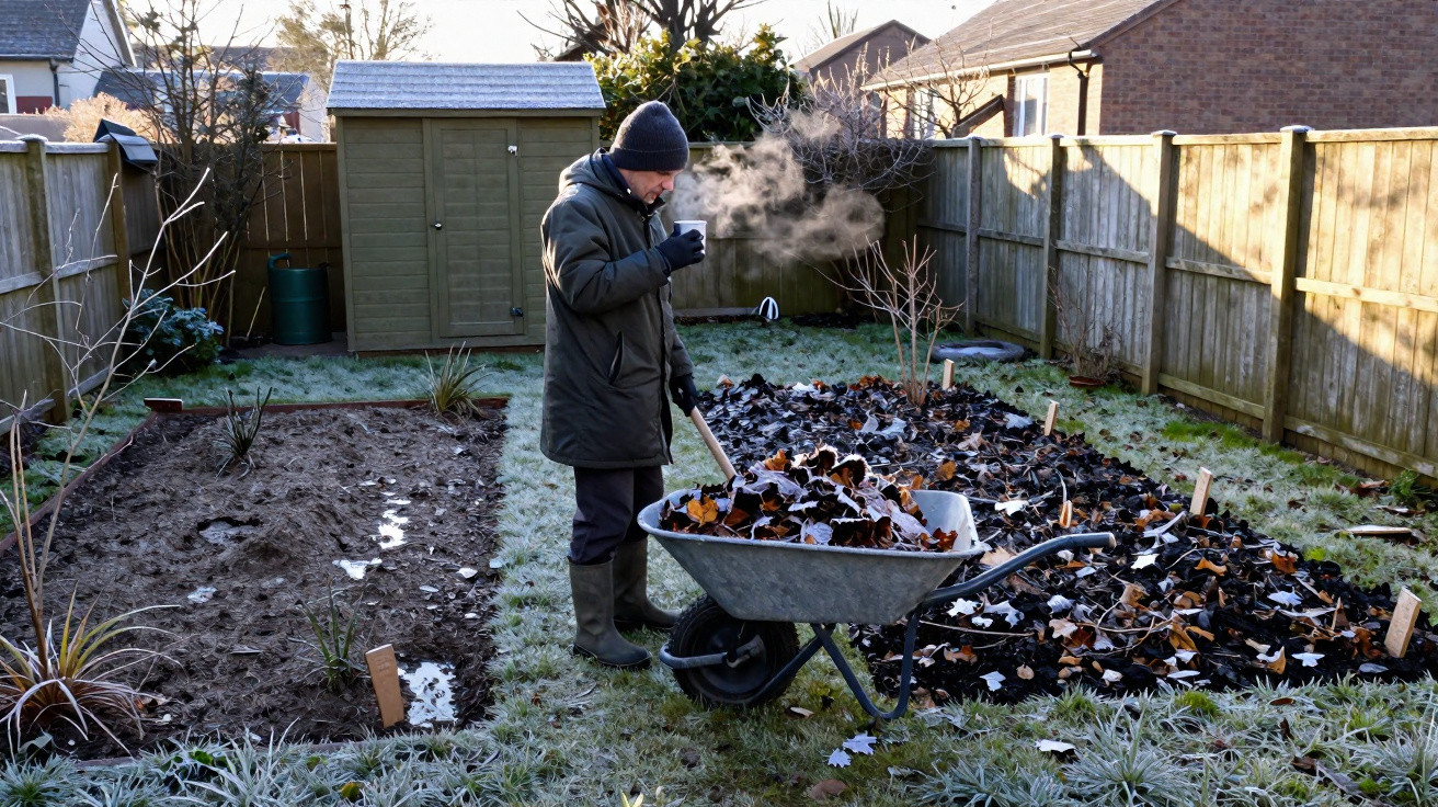 Person im Garten mit Schubkarre voller Laub, trinkt aus Tasse, frostiger Morgen mit Sichtbarem Atem.