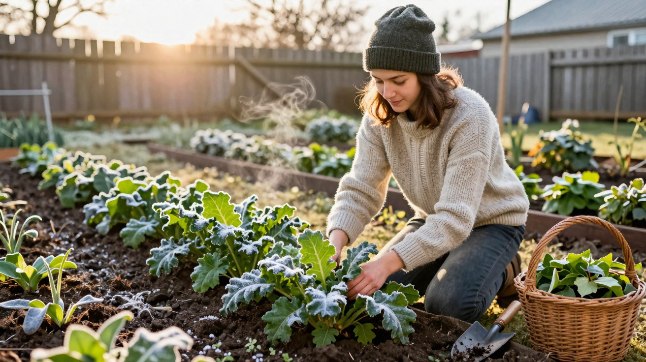 Frau mit Mütze pflegt frostreife Pflanzen im Gartenbeet bei morgendlichem Sonnenlicht.