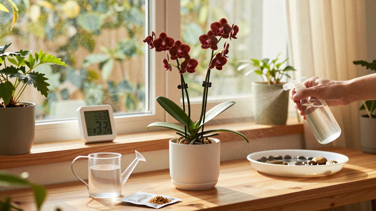 Hand sprüht Orchidee auf Fensterbank mit Giesskanne, Samen und Zimmerpflanzen bei Tageslicht