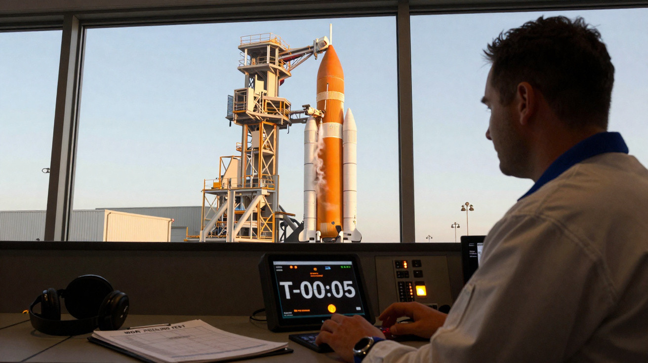 Mann beobachtet Raketenstartvorbereitung durch Fenster mit Countdown auf Tablet im Kontrollraum.