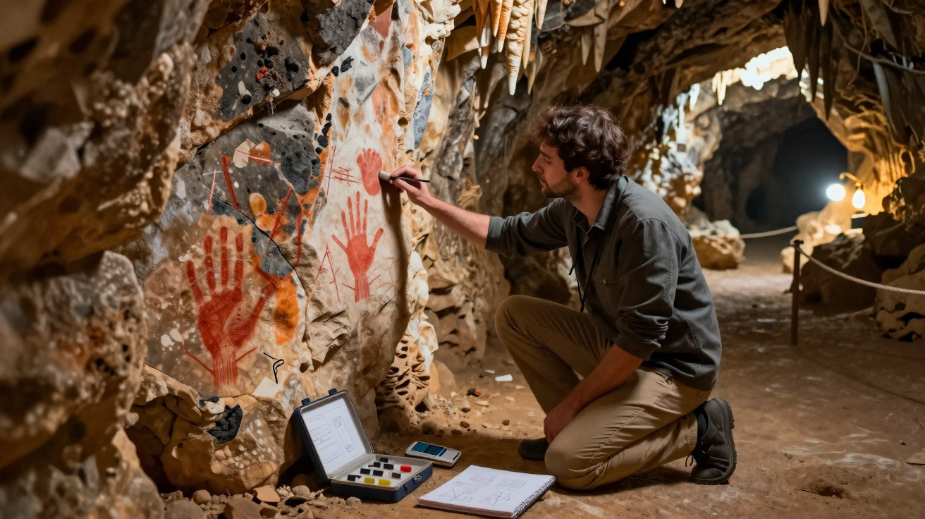 Ein Mann dokumentiert prähistorische Handabdruck-Höhlenmalereien in einer unterirdischen Grotte.