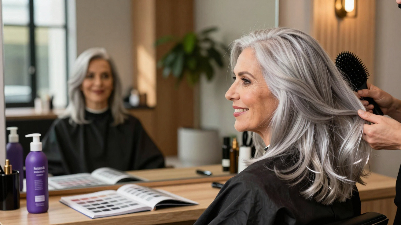 Ältere Frau mit silbernem Haar sitzt im Friseursalon, während sie von einer Person gepflegt wird.