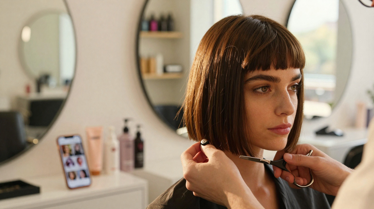 Friseurin schneidet einer Frau im Salon ihr braunes Bob-Haar vor zwei runden Spiegeln.
