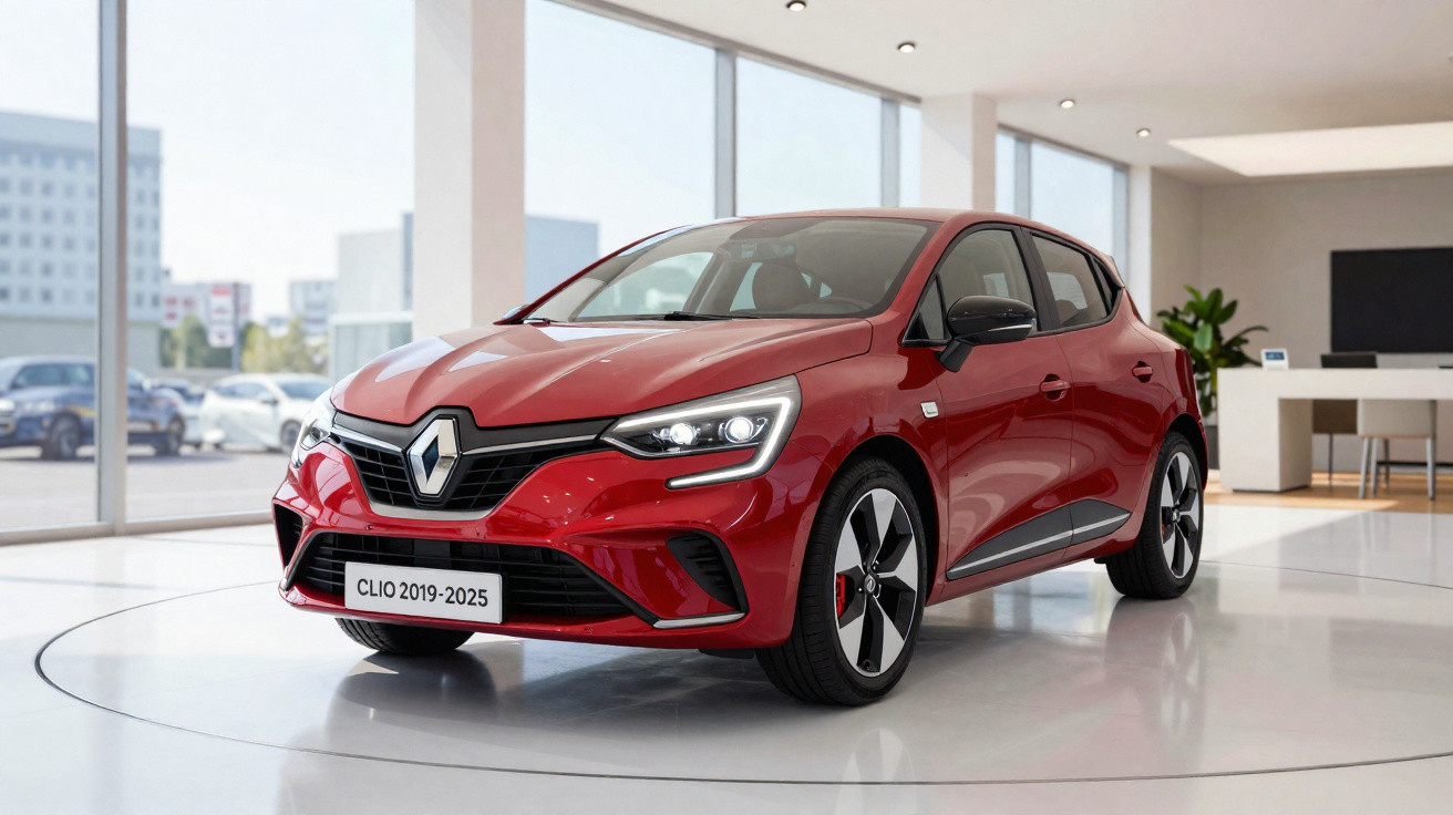 Roter Renault Clio 2019-2025 steht in modernem, hellem Autohaus mit grossen Fenstern.
