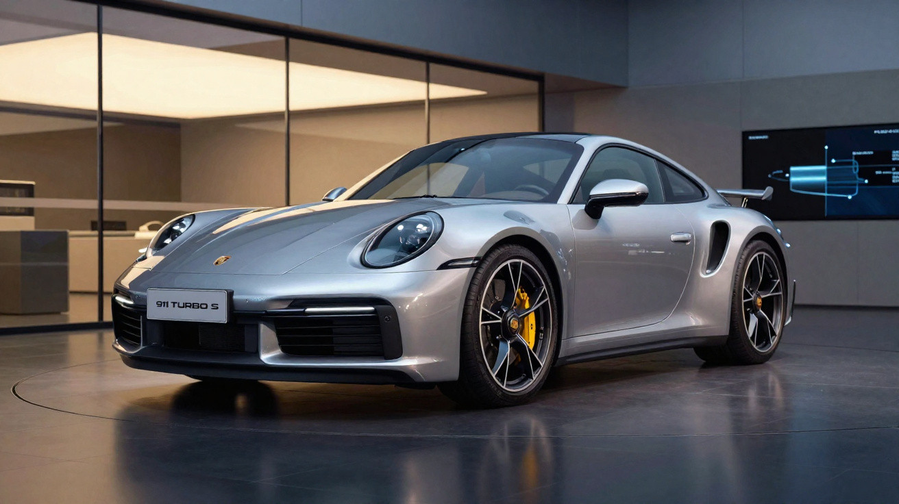 Silberner Porsche 911 Turbo S Sportwagen in modernem Showroom mit schwarzem Boden und Glaswänden.