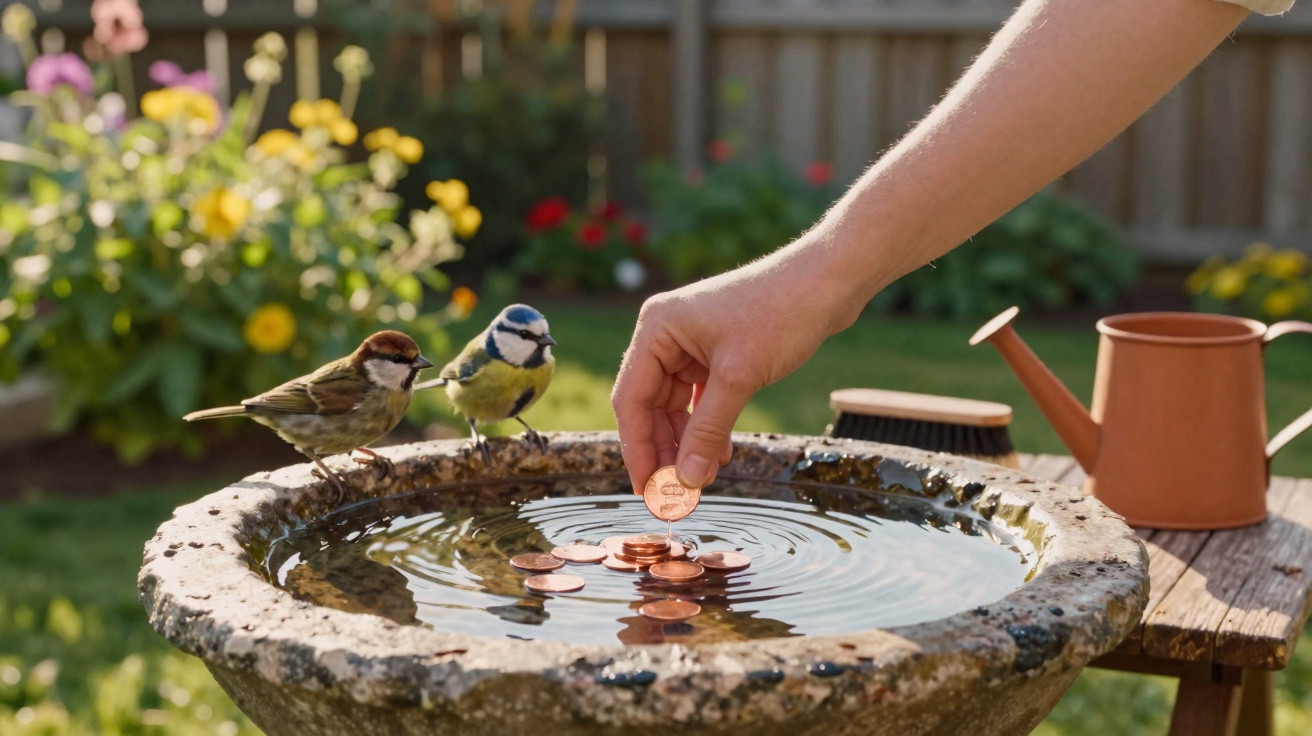 Hand legt Münze ins Vogelbad, zwei Vögel beobachten, bunte Blumen, Giesskanne im sonnigen Garten.