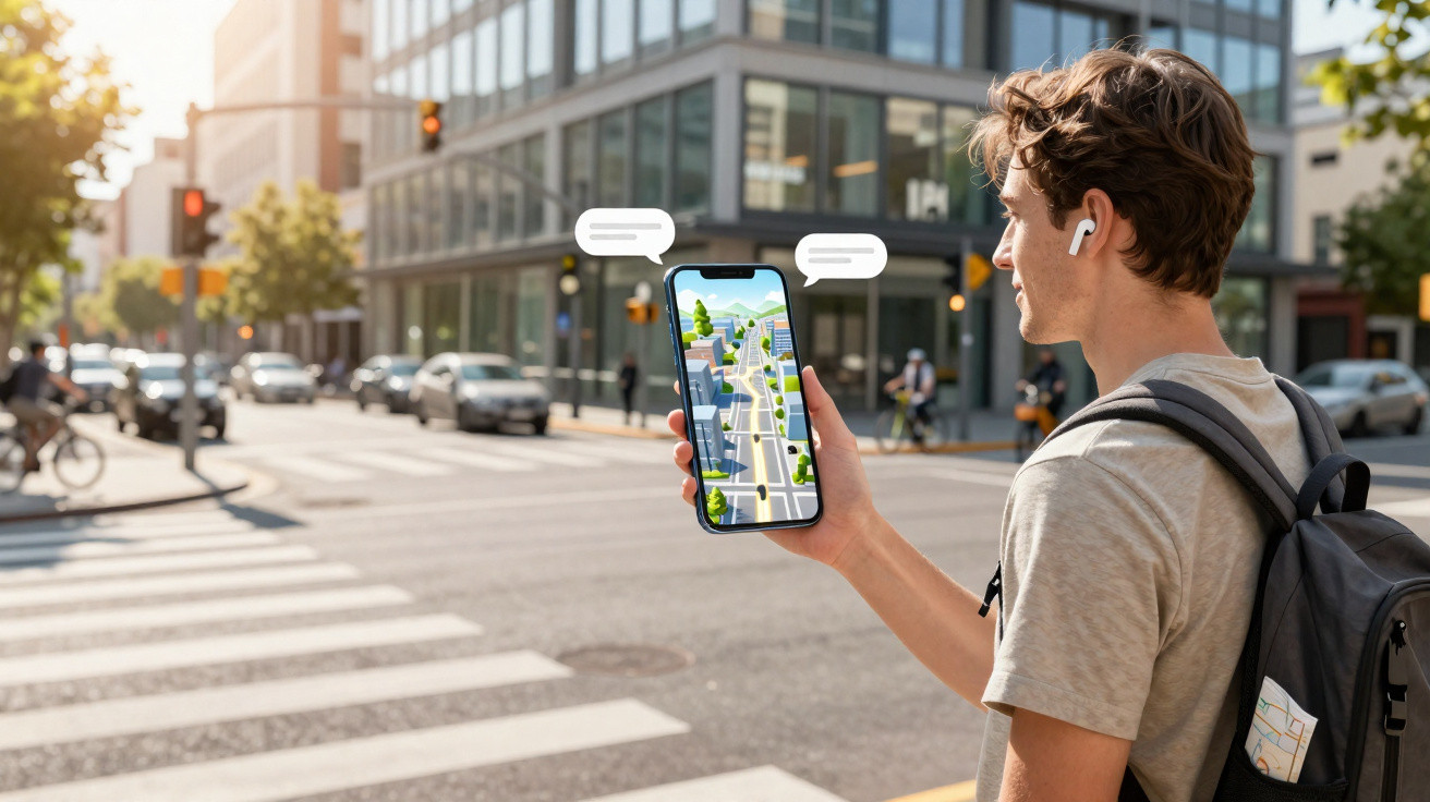 Junger Mann mit Rucksack hält Smartphone mit Navigations-App an belebter Stadtstrasse bei Sonnenlicht.