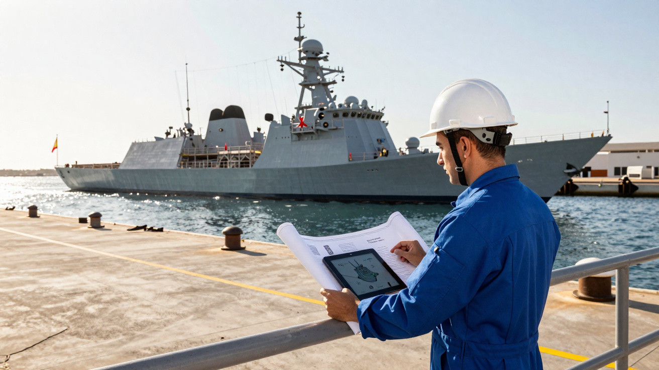 Mann mit Helm und blauem Overall kontrolliert Schiffspläne am Hafen mit Kriegsschiff im Hintergrund.