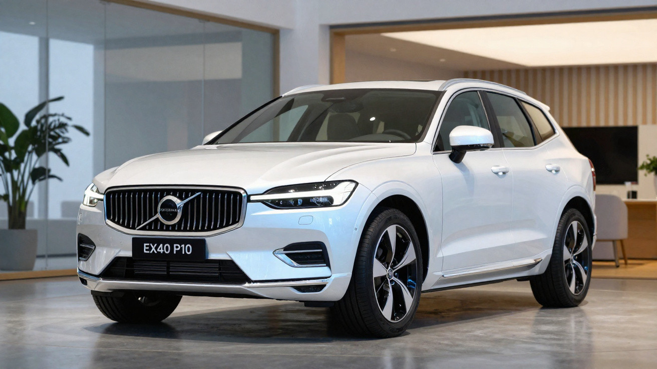 Weisser Volvo EX40 P10 SUV steht in modernem Innenraum mit Glaswänden und Pflanzen.