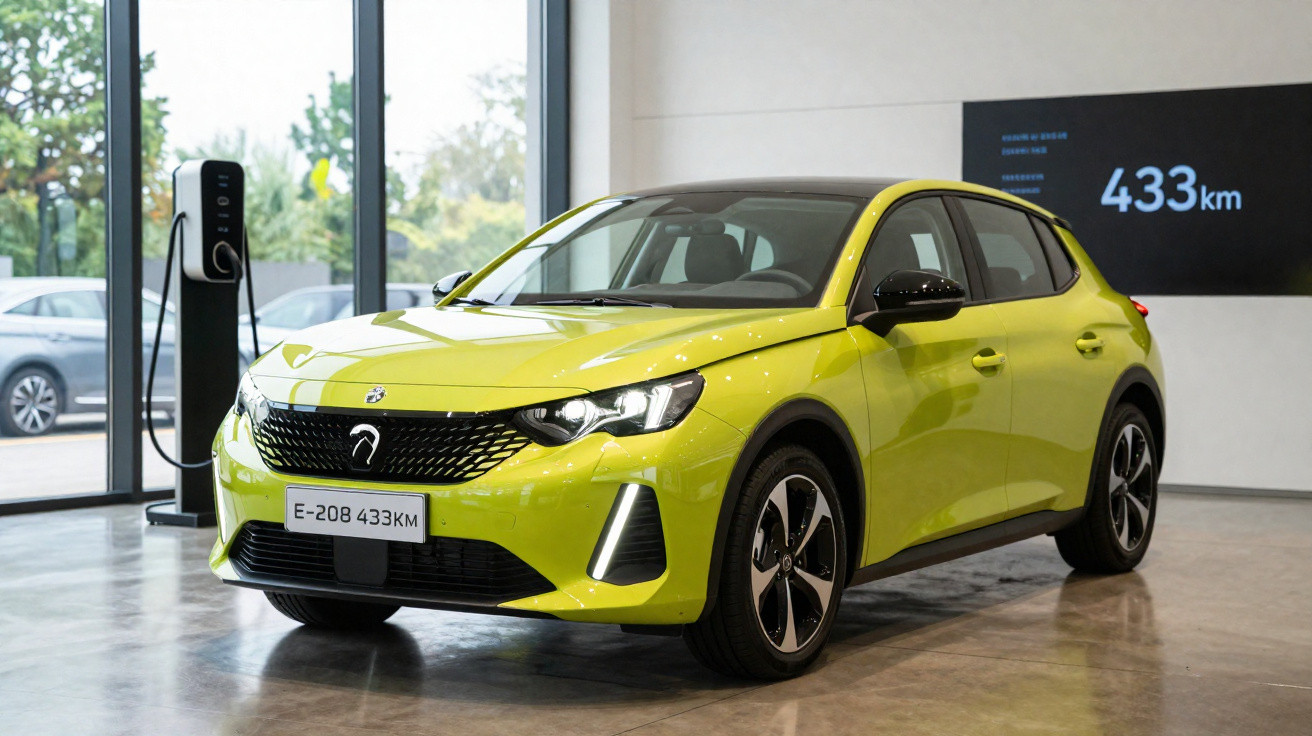 Gelbes Elektroauto in Showroom neben Ladestation, Reichweite 433 km angezeigt.