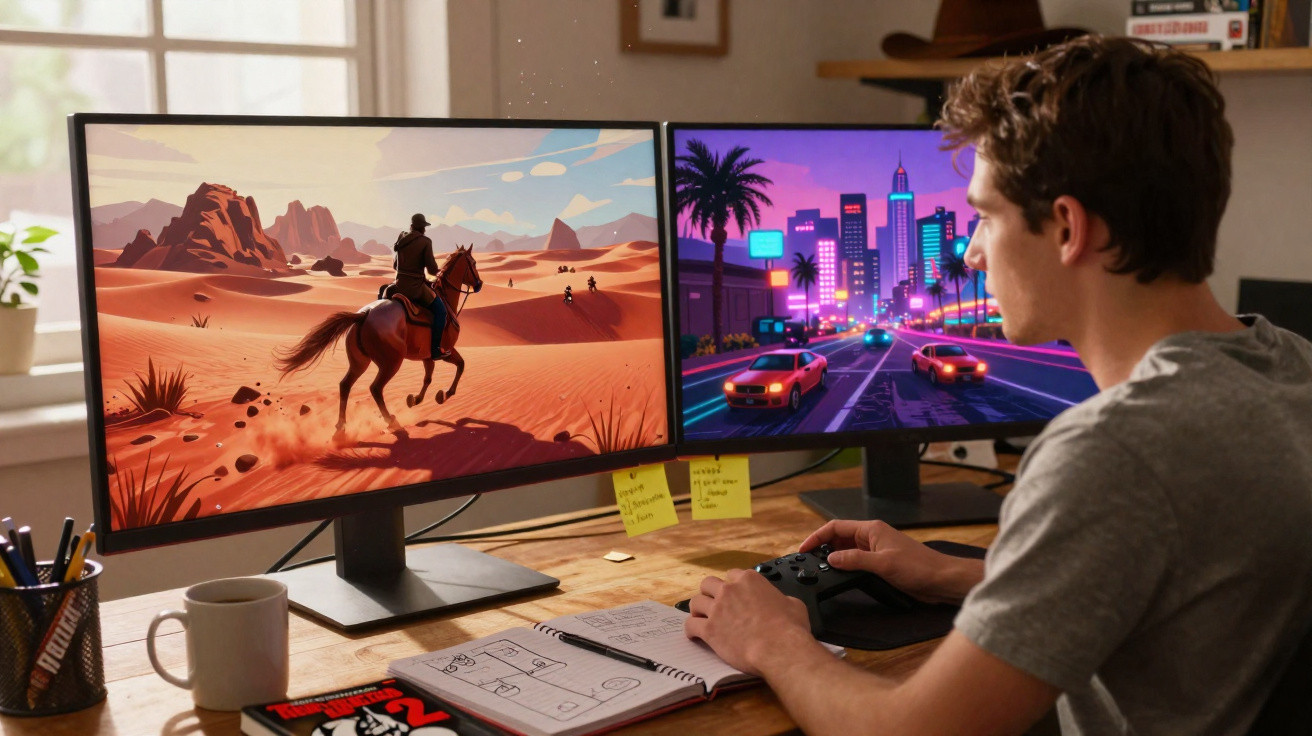 Junger Mann spielt Videospiele an zwei Monitoren mit Western- und Neonstadt-Szenen, sitzt an Schreibtisch.
