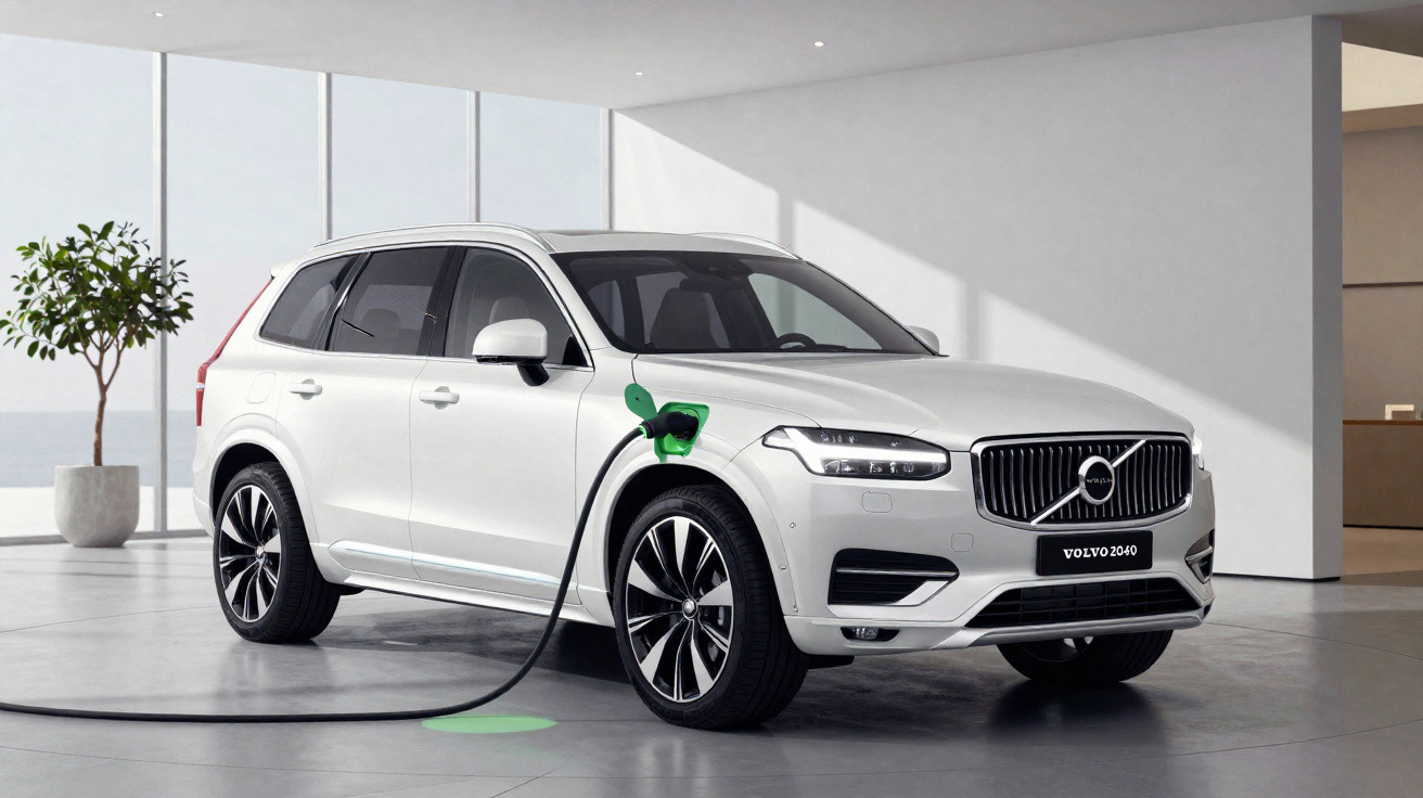 Weisser Volvo XC90 Hybrid lädt an einer Ladestation in einem hellen, modernen Innenraum mit grossem Fenster.