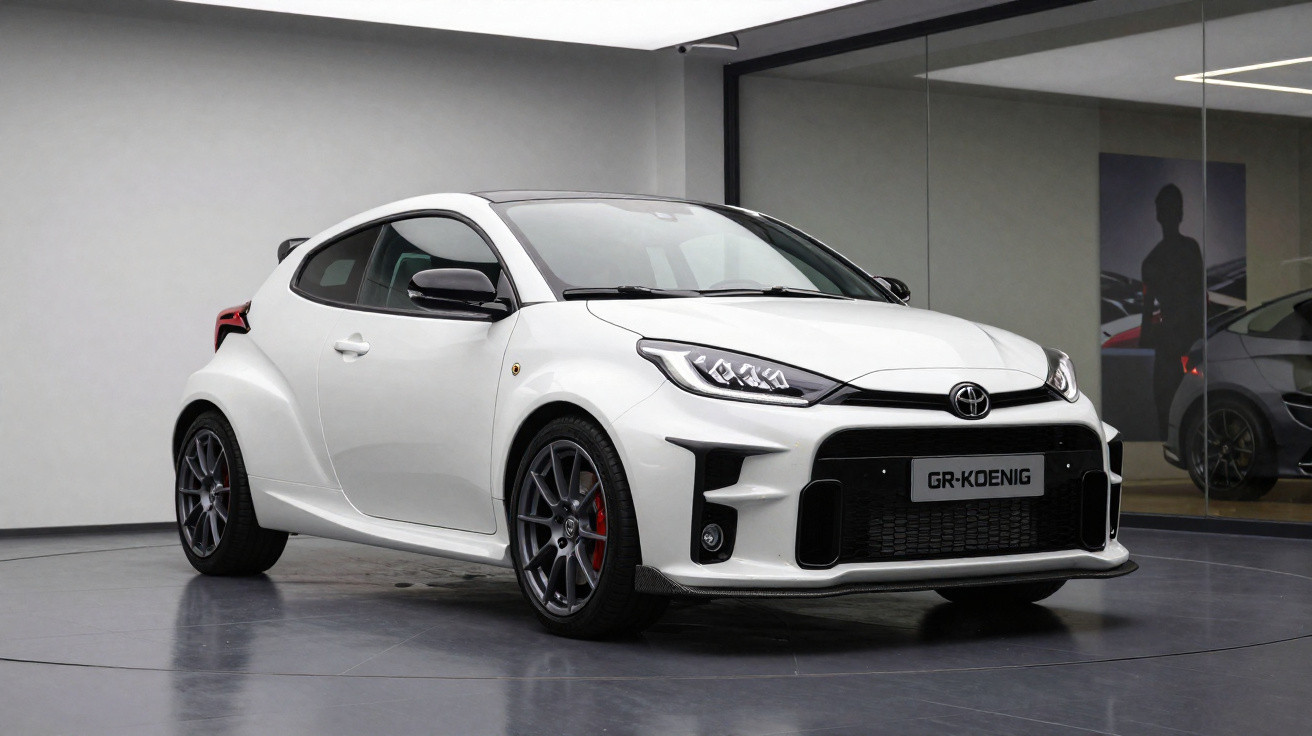 Weisser sportlicher Toyota GR mit schwarzem Dach und markantem Frontdesign in modernem Showroom.