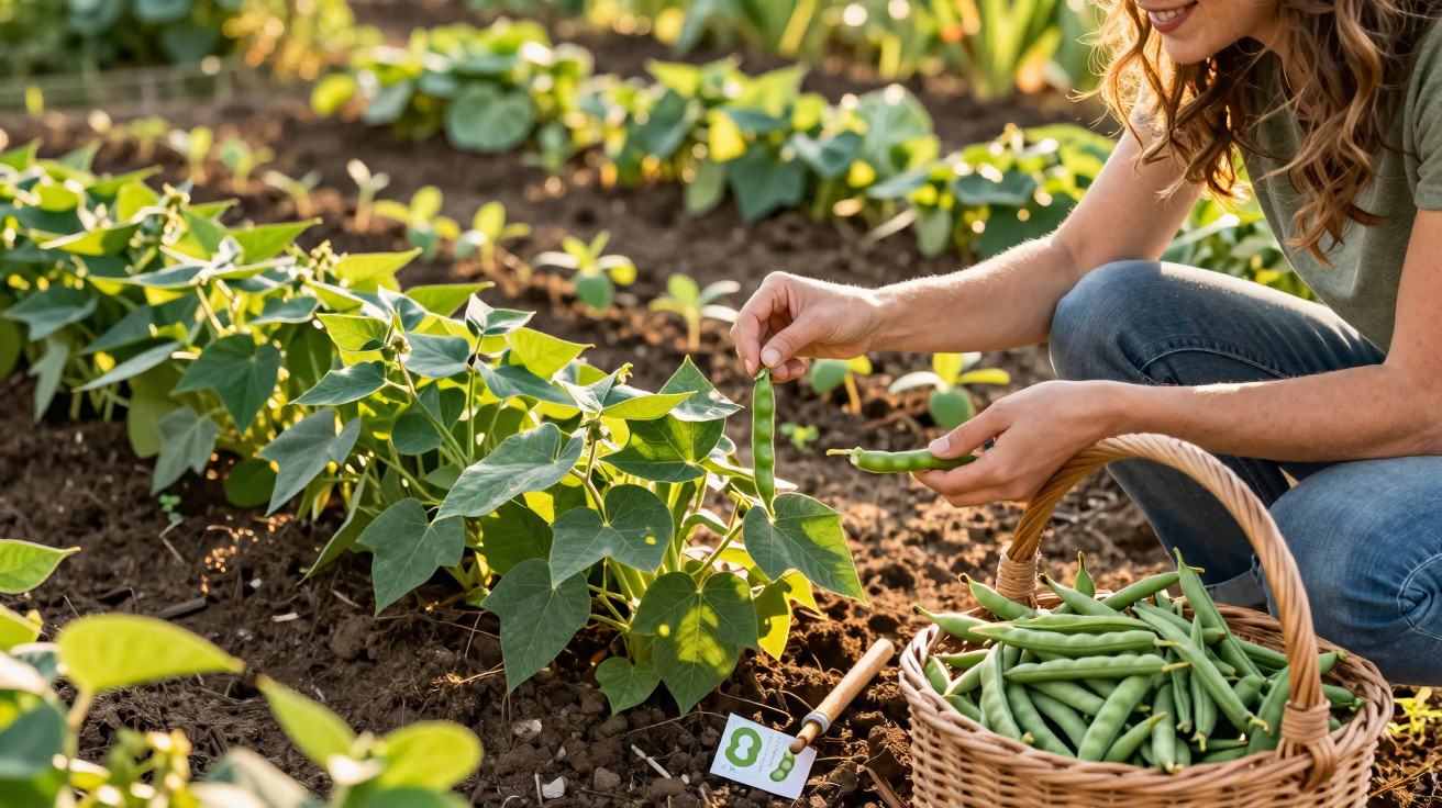 Frau erntet grüne Bohnen in Gemüsegarten, Korb voll mit frisch gepflückten Bohnen neben ihr.