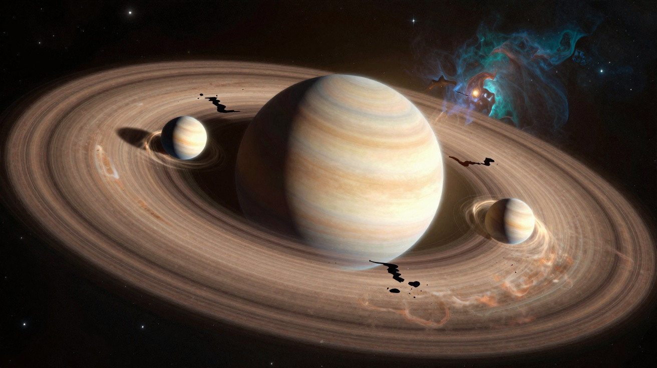 Darstellung eines Gasplaneten mit zwei kleineren Monden und einem leuchtenden Nebel im Weltraum.