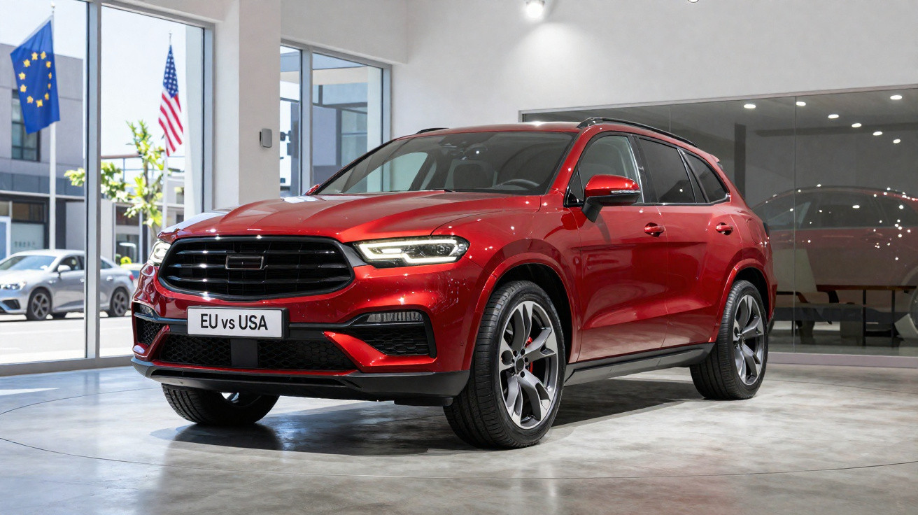 Roter SUV mit EU- und USA-Flagge im Hintergrund, ausgestellt in hellem Showroom mit Glasfenstern.