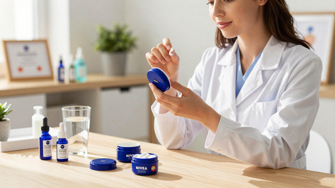 Frau im weissen Kittel öffnet Nivea Cremedose auf hellem Holztisch mit Pflegeprodukten.