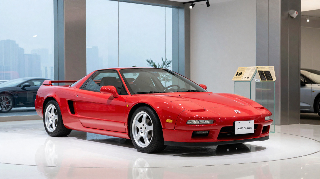 Roter Honda NSX Classic Sportwagen in heller Ausstellungshalle mit Glasfenstern und weiteren Autos im Hintergrund.