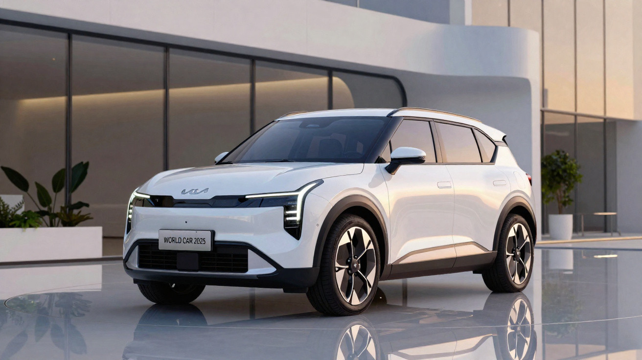 Weisses Elektro-SUV mit modernem Design vor einem Gebäude mit grossen Glasfenstern.