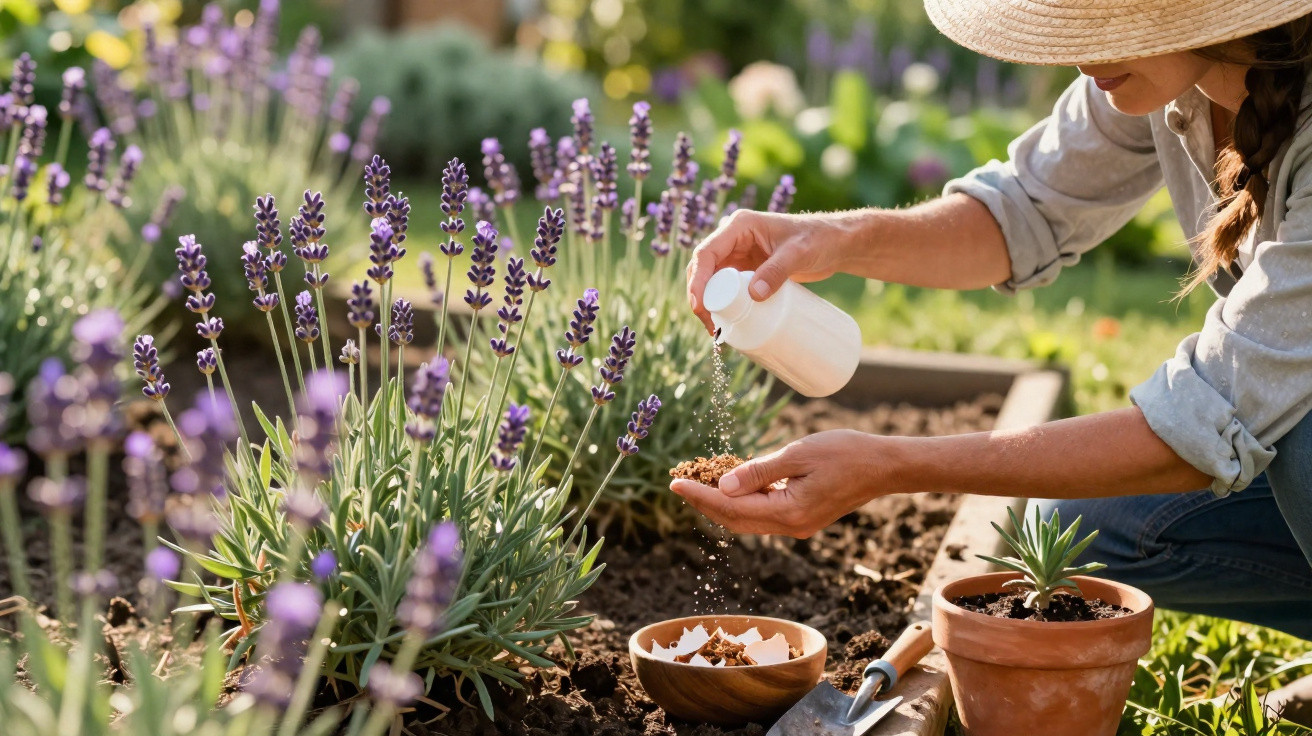 Frau mit Sonnenhut streut Dünger auf Lavendelpflanzen in einem Gartenbeet bei sonnigem Wetter.