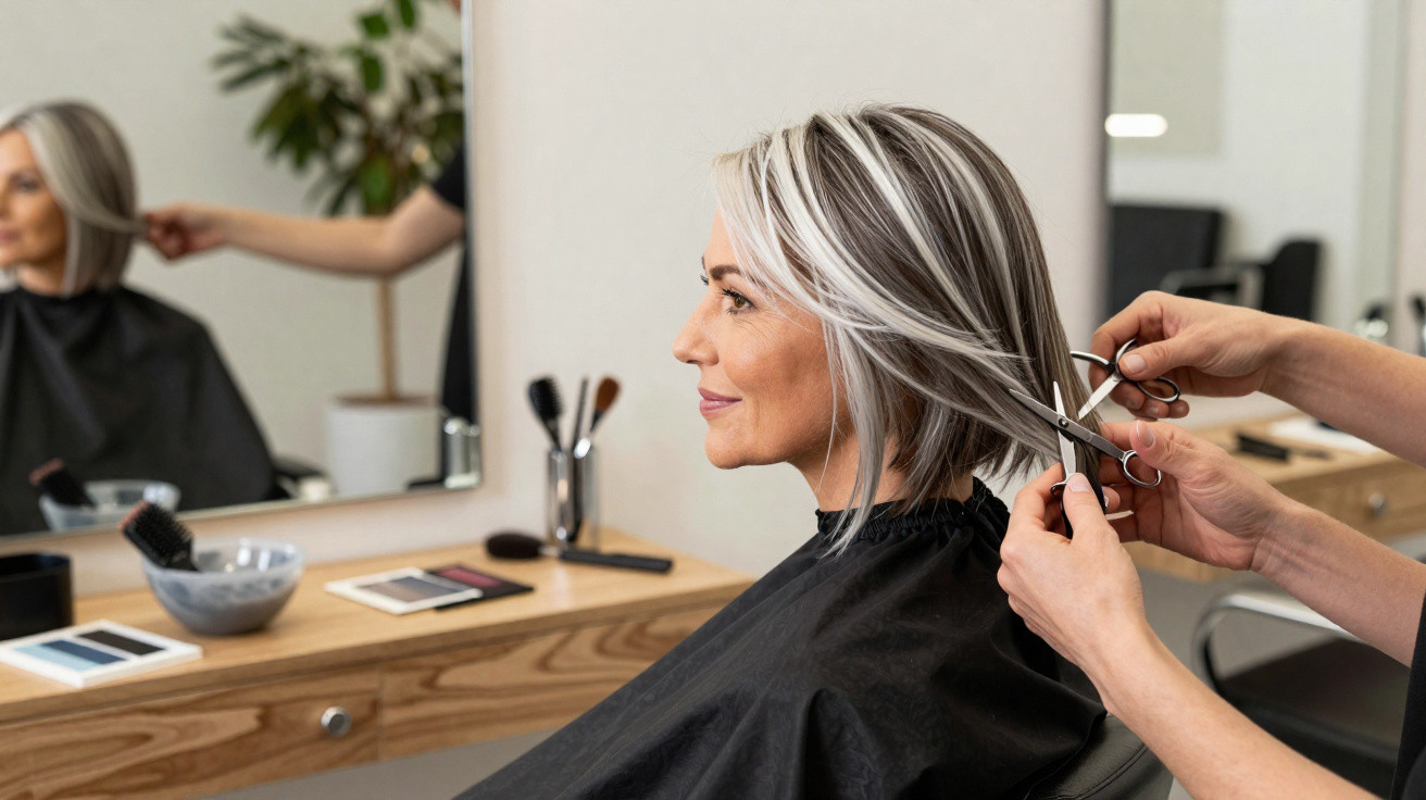 Frau mit kurzen, weisslich gesträhnten Haaren lässt sich im Friseursalon die Haare schneiden.