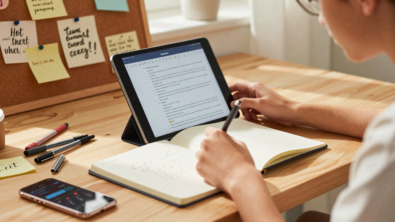 Person schreibt in Notizbuch am Holztisch mit Tablet und Smartphone, Pinnwand mit Zetteln im Hintergrund.