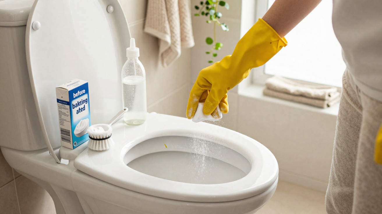Person mit gelben Handschuhen streut Backpulver in eine saubere Toilette im hellen Badezimmer.