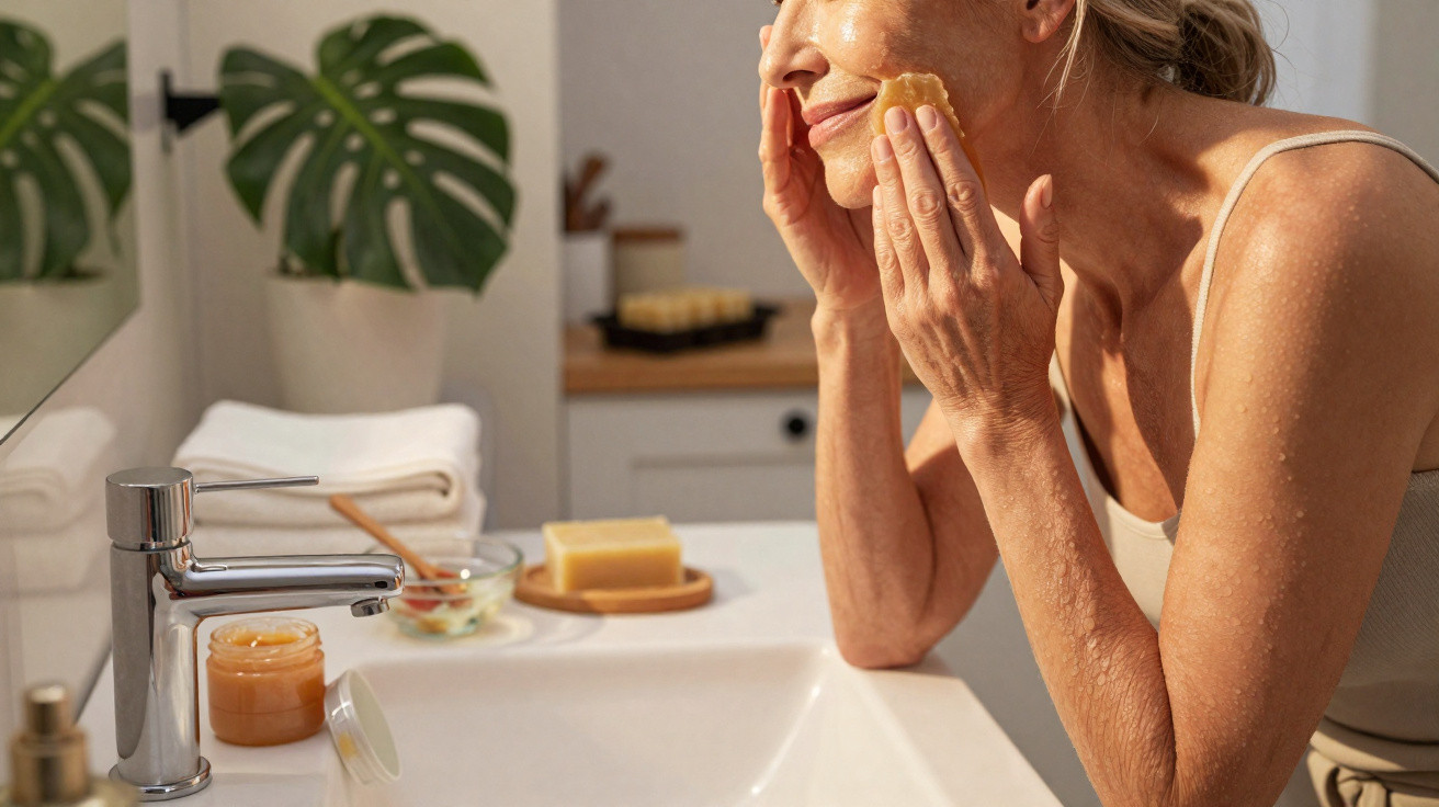 Frau trägt Gesichtscreme im Badezimmer auf, mit roter Creme und Seife auf dem Waschbecken.