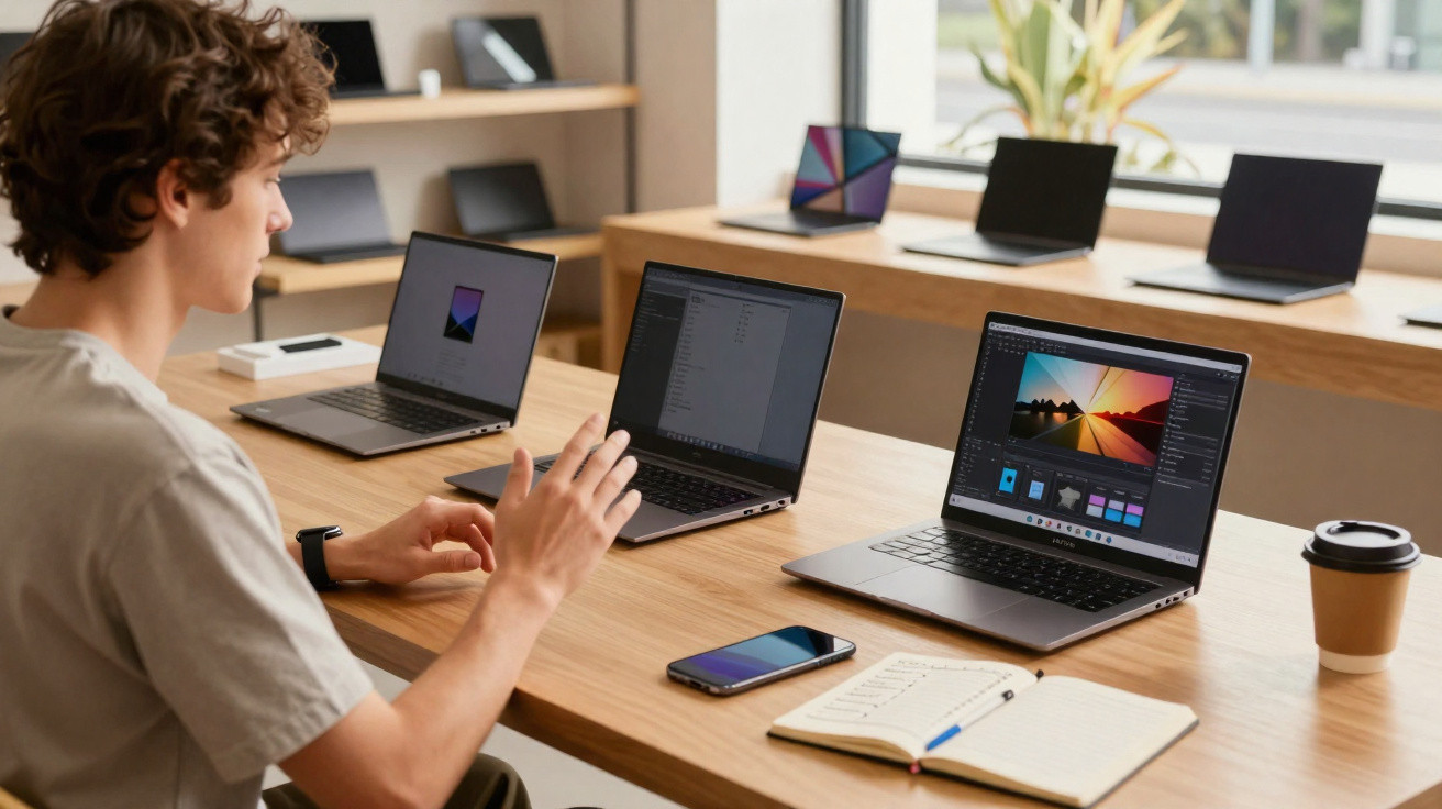 Junger Mann arbeitet an mehreren Laptops mit offenen Programmen an einem Holztisch in modernem Büro.