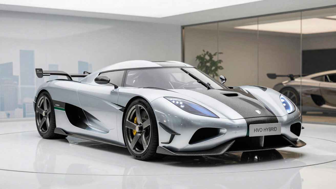 Silberner Koenigsegg Agera RS Supersportwagen mit Flügeltüren in moderner Ausstellungshalle.