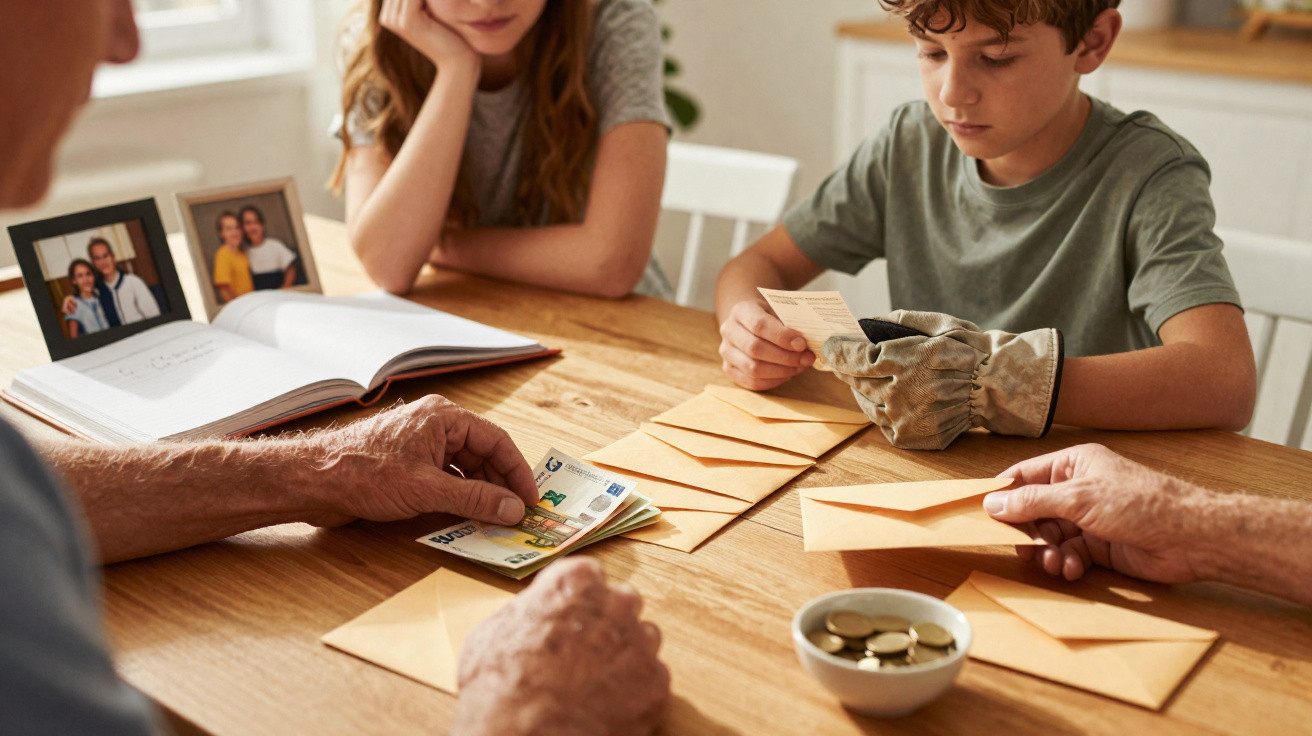 Mehrgenerationenfamilie teilt Geld und Umschläge an einem Holztisch mit Familienfotos im Hintergrund.
