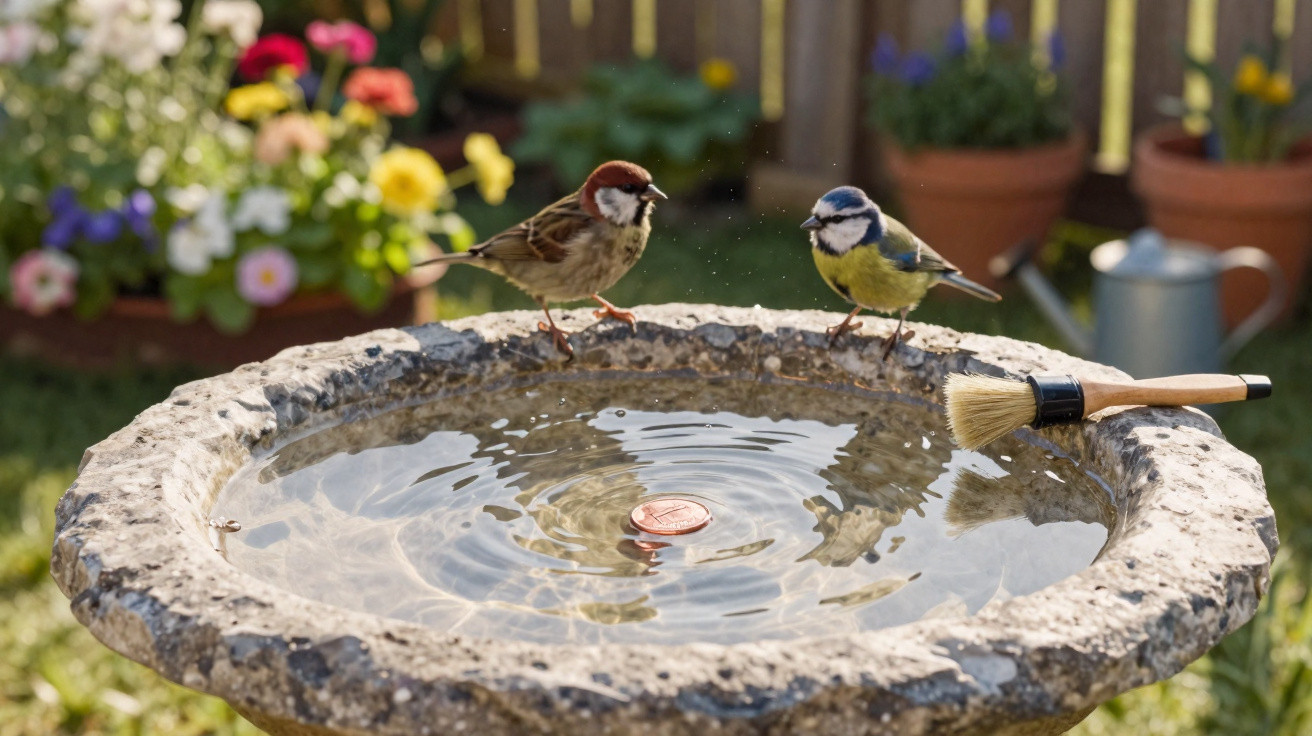 Zwei kleine Vögel sitzen am Rand eines steinernen Vogelbads mit Wasser und Blumen im Hintergrund.