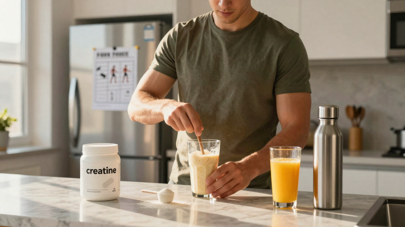 Mann rührt Creatin Pulver in Glas in moderner Küche, mit Orangensaft und Trinkflasche auf Tisch.