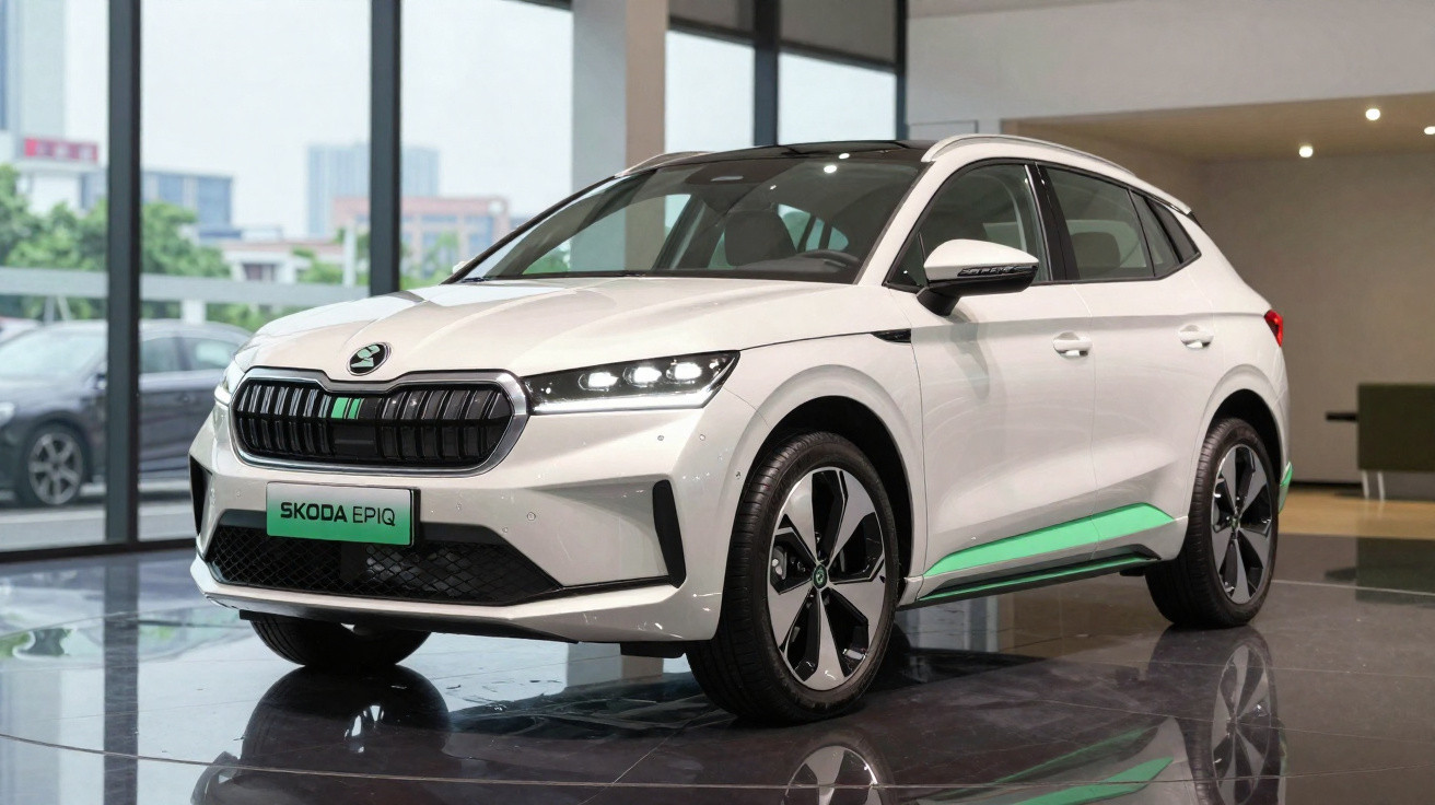 Weisser Skoda Epiq Elektro-SUV mit schwarzen und grünen Akzenten in einem modernen Showroom.