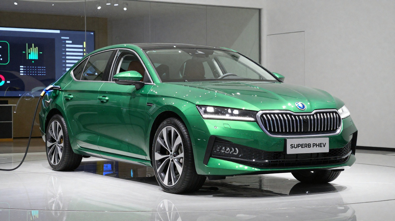 Grüner Škoda Superb PHEV Elektro-Hybrid auf Ausstellung, mit Ladeschlauch an der linken Rückseite.