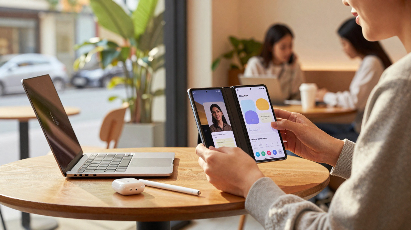 Person hält ein aufklappbares Smartphone, daneben Laptop und AirPods auf einem runden Tisch im Café.