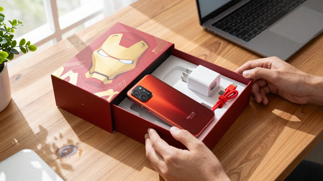 Smartphone in rot-orange in Iron Man Geschenkbox mit Ladegerät auf Holzschreibtisch neben Laptop.