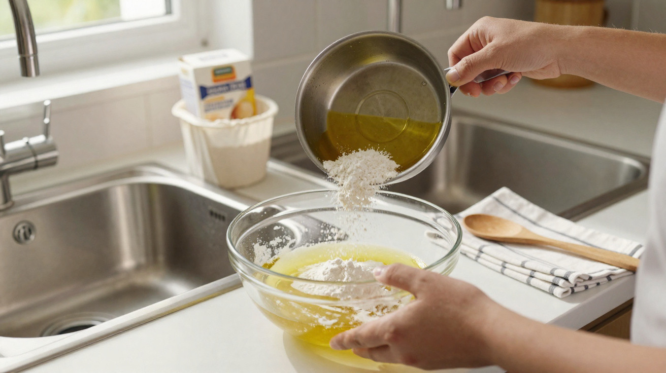 Person gießt Mehl in eine Schüssel mit flüssigen Zutaten in einer hellen Küche beim Backen.