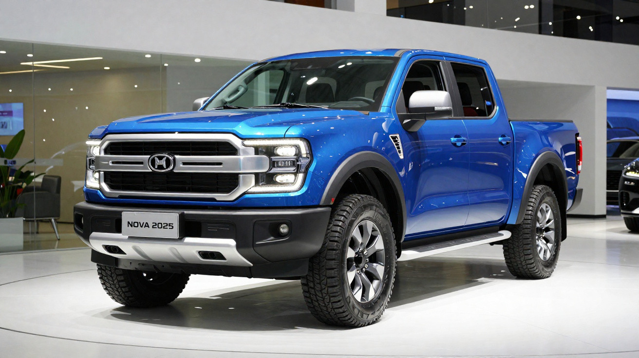 Blauer Pickup-Truck Nova 2025 in moderner Ausstellungshalle, leicht von vorne rechts sichtbar.