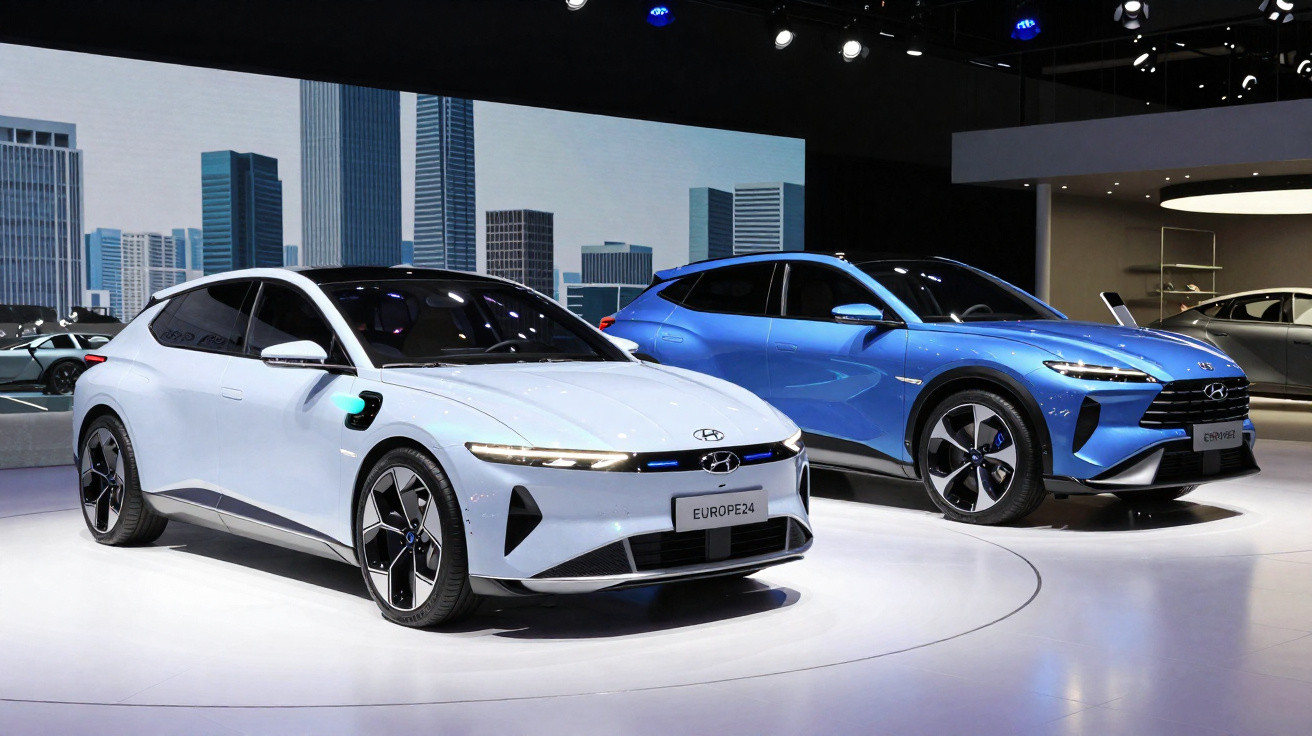 Zwei moderne Hyundai Elektroautos, ein weisses Coupé und ein blauer SUV, präsentiert auf einer Messe vor Stadtbild-Kulisse.