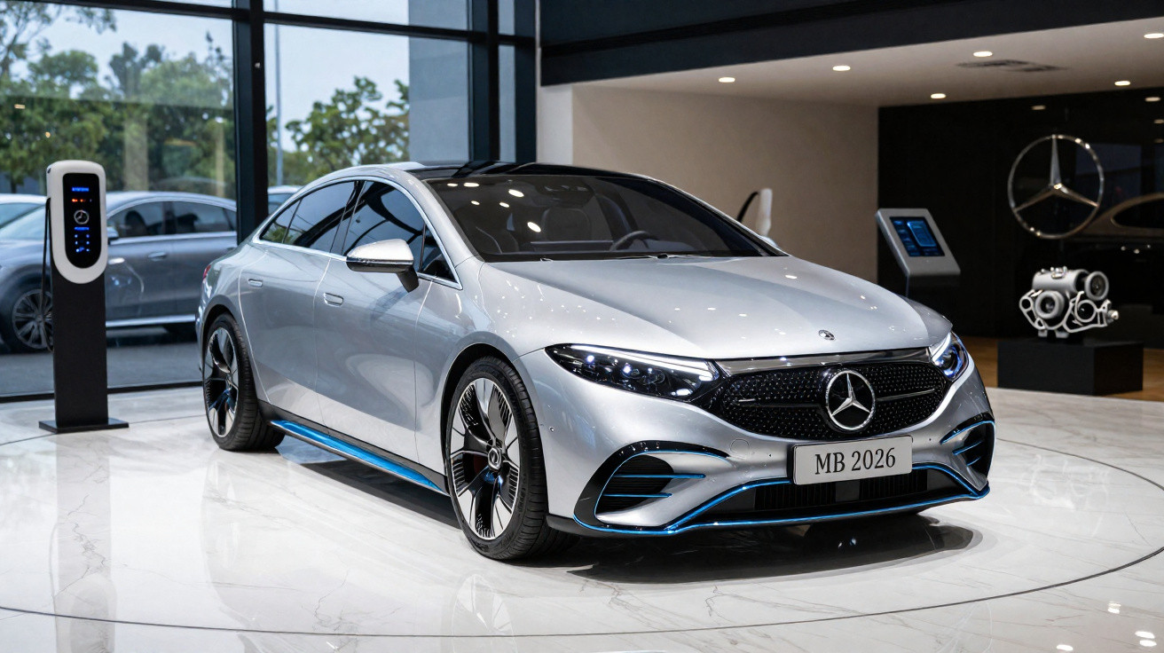 Silberner Elektro-Mercedes Benz mit Ladegerät im modernen Showroom, Modell 2026, frontal seitlich.