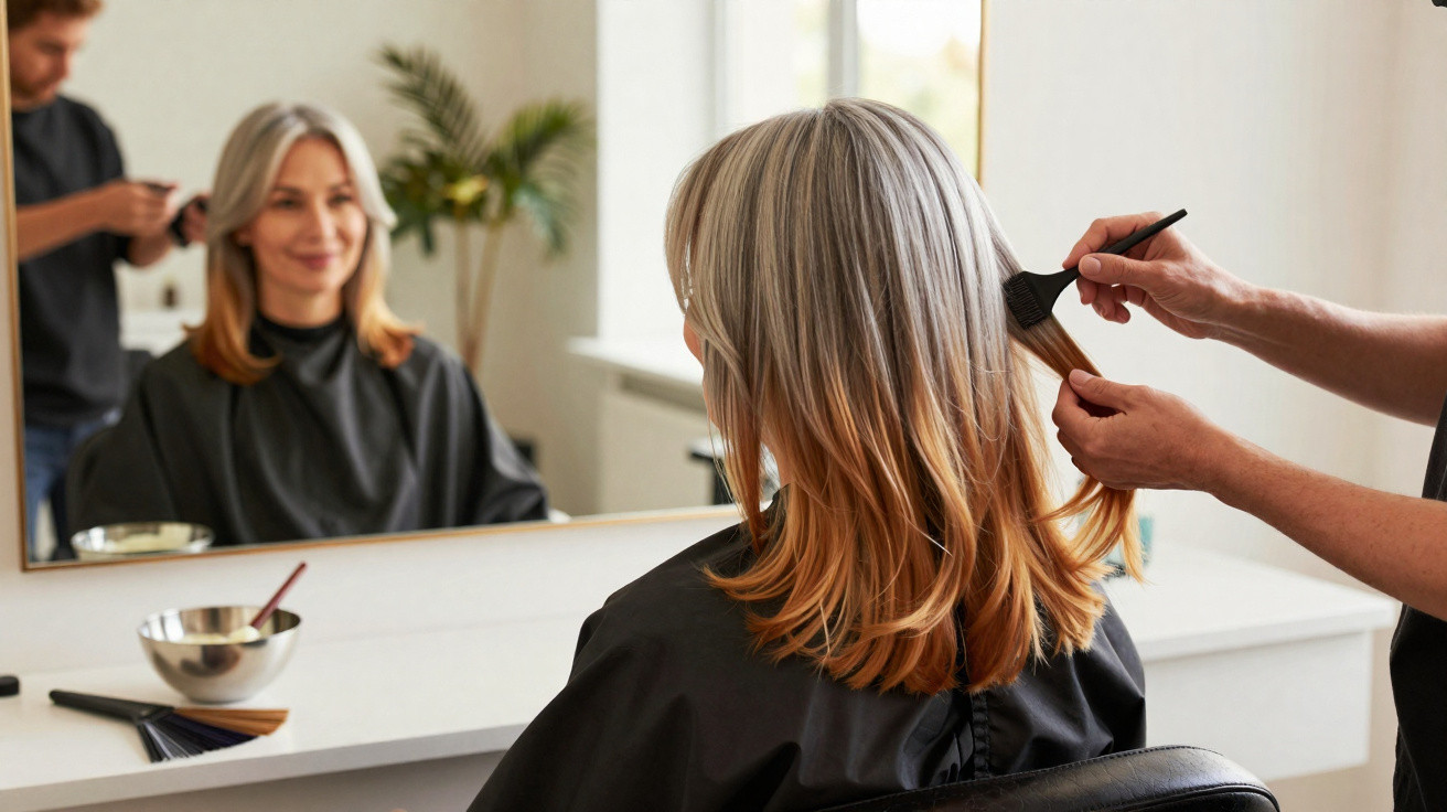 Frau mit graublondem Haar bekommt im Friseursalon Haare gefärbt, Friseurin trägt Farbe mit Pinsel auf.