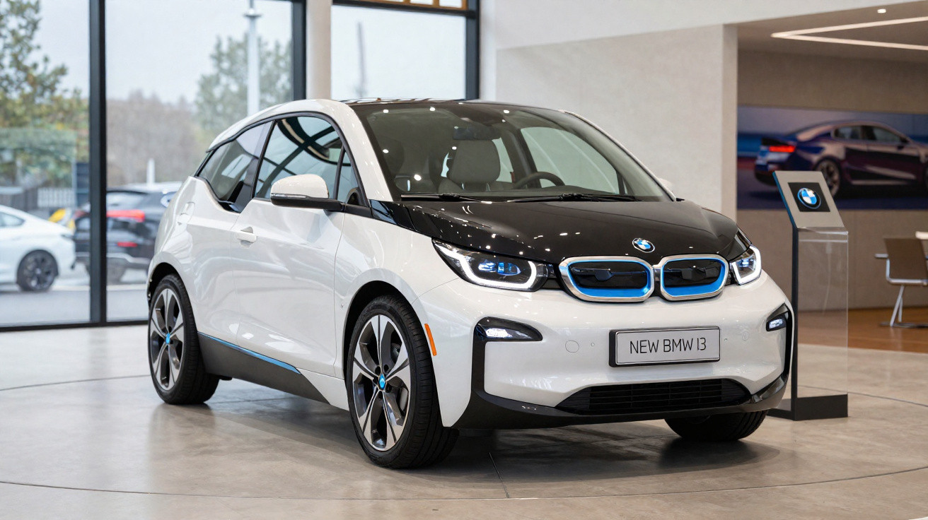Weisser und schwarzer BMW i3 Elektro-Kleinwagen im Showroom mit modernem Design und blauen Akzenten.