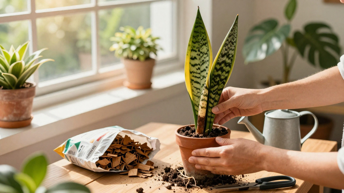 Person setzt Sansevieria-Pflanze in Blumentopf, umgeben von Holzstückchen, Gieskanne und weiteren Pflanzen am Fensterbrett.