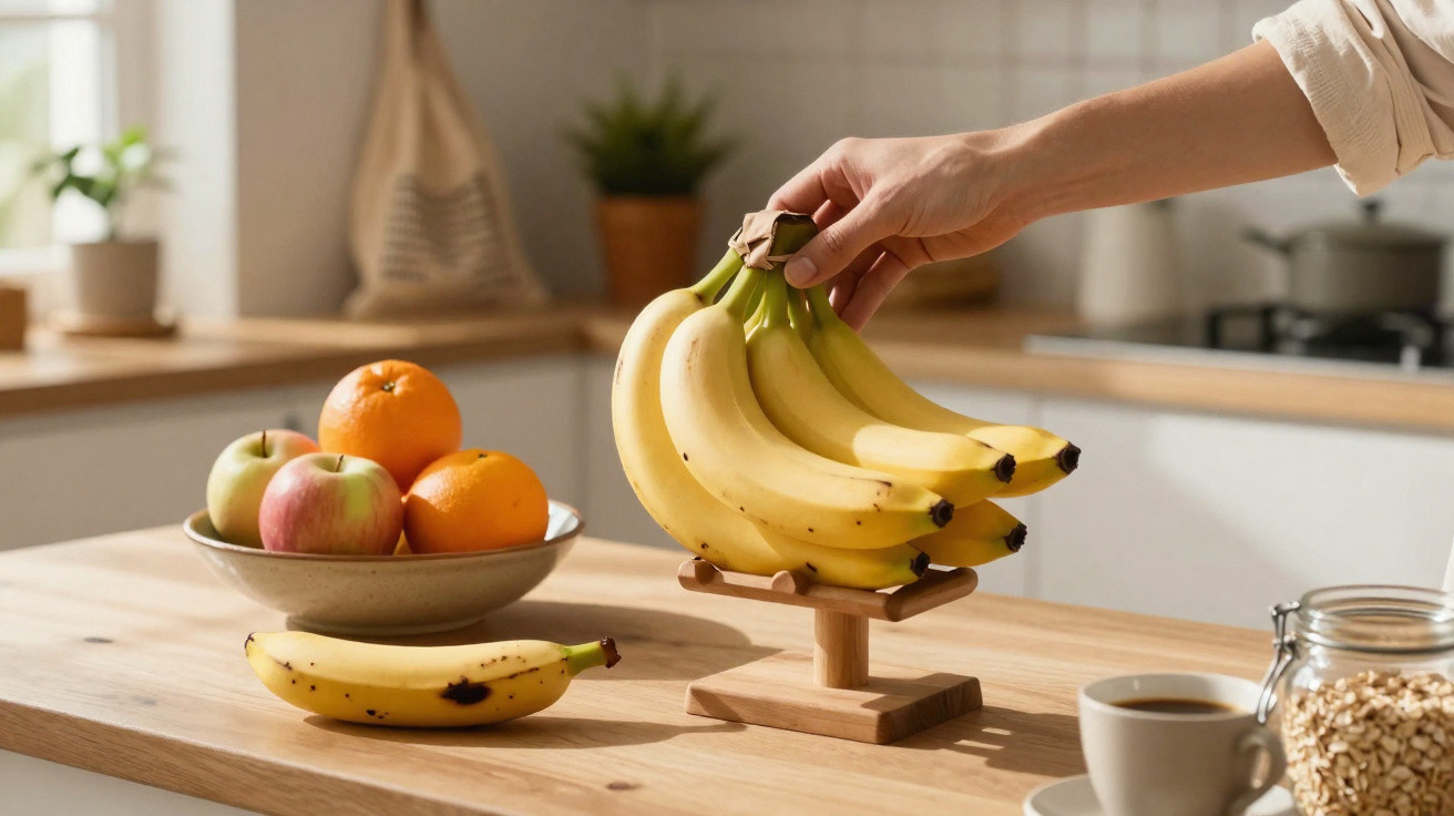 Hand greift Bananen, die auf einem Holzständer in einer Küche stehen, daneben Früchteschale mit Äpfeln und Orangen.