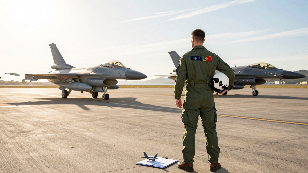 Kampfpilot steht mit Helm auf Flugfeld und beobachtet zwei F-16 Kampfjets bei Sonnenaufgang.