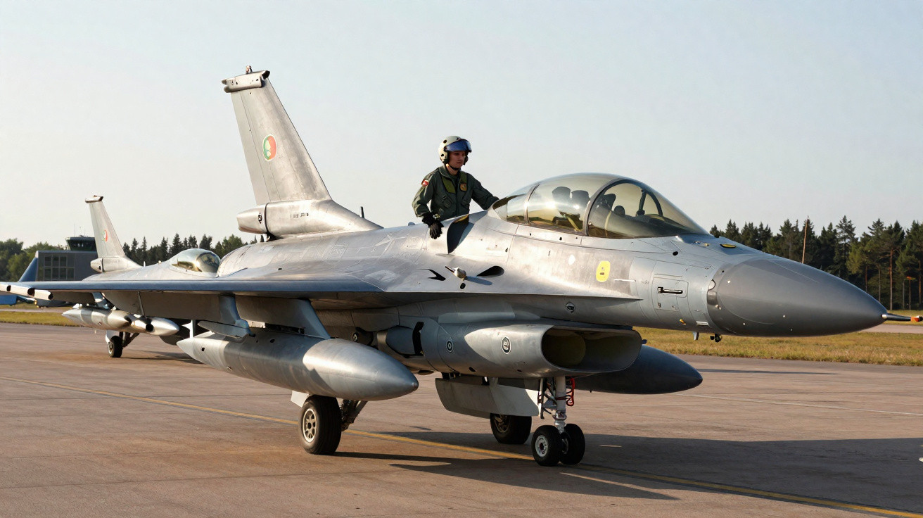 Kampfjet auf Flugfeld mit Pilot, der aus Cockpit aussteigt, im Hintergrund ein weiterer Jet und Bäume.