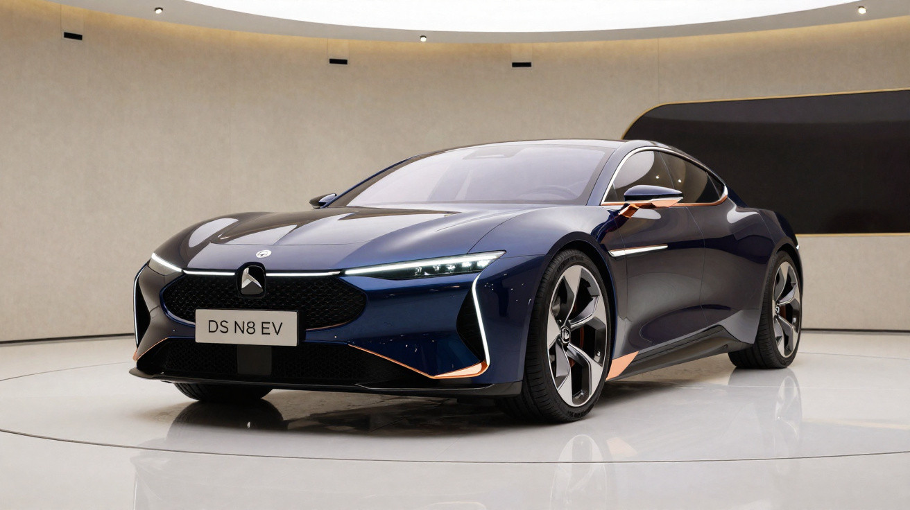 Blau-schwarzes Elektro-Sportauto DS N8 EV in modernem Ausstellungsraum mit glänzendem Boden.
